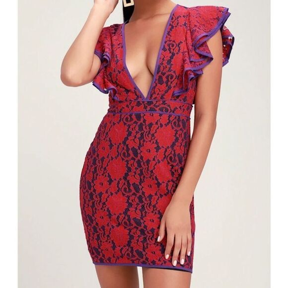 Lulu’s under the stars, purple and red lace Ruffle mini dress size small - Picture 1 of 5